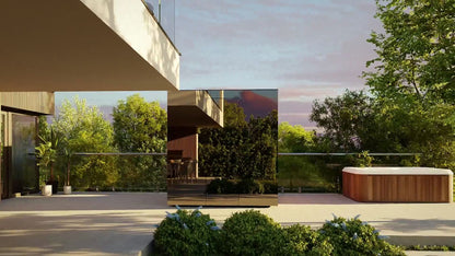 ThermaSol Spectra outdoor sauna cabin, mirror glass reflecting the garden