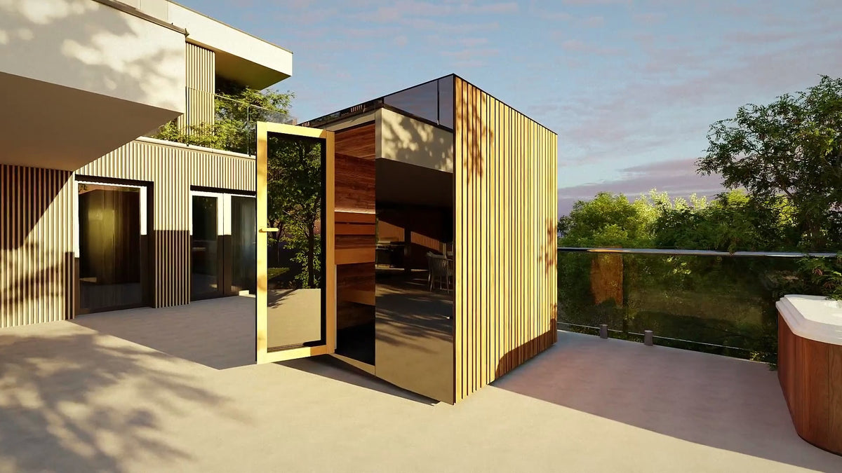 ThermaSol Spectra outdoor sauna cabin with the pivot door open