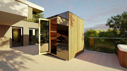 ThermaSol Spectra outdoor sauna cabin with the pivot door open