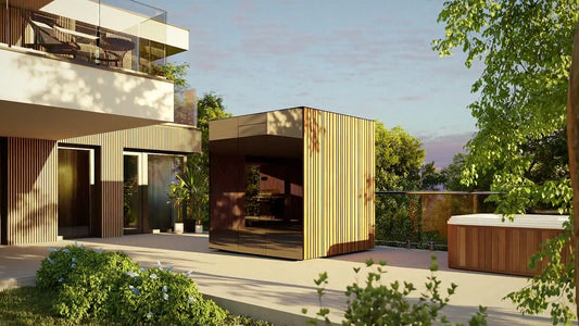 ThermaSol Spectra outdoor sauna cabin on a terrace at dusk, three quarter view