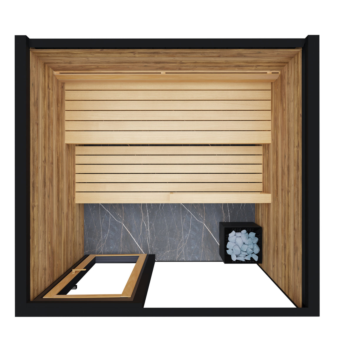 ThermaSol Spectra outdoor sauna cabin, overhead cutaway showing the bench layout and the roof opening