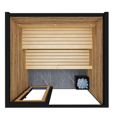 ThermaSol Spectra outdoor sauna cabin, overhead cutaway showing the bench layout and the roof opening