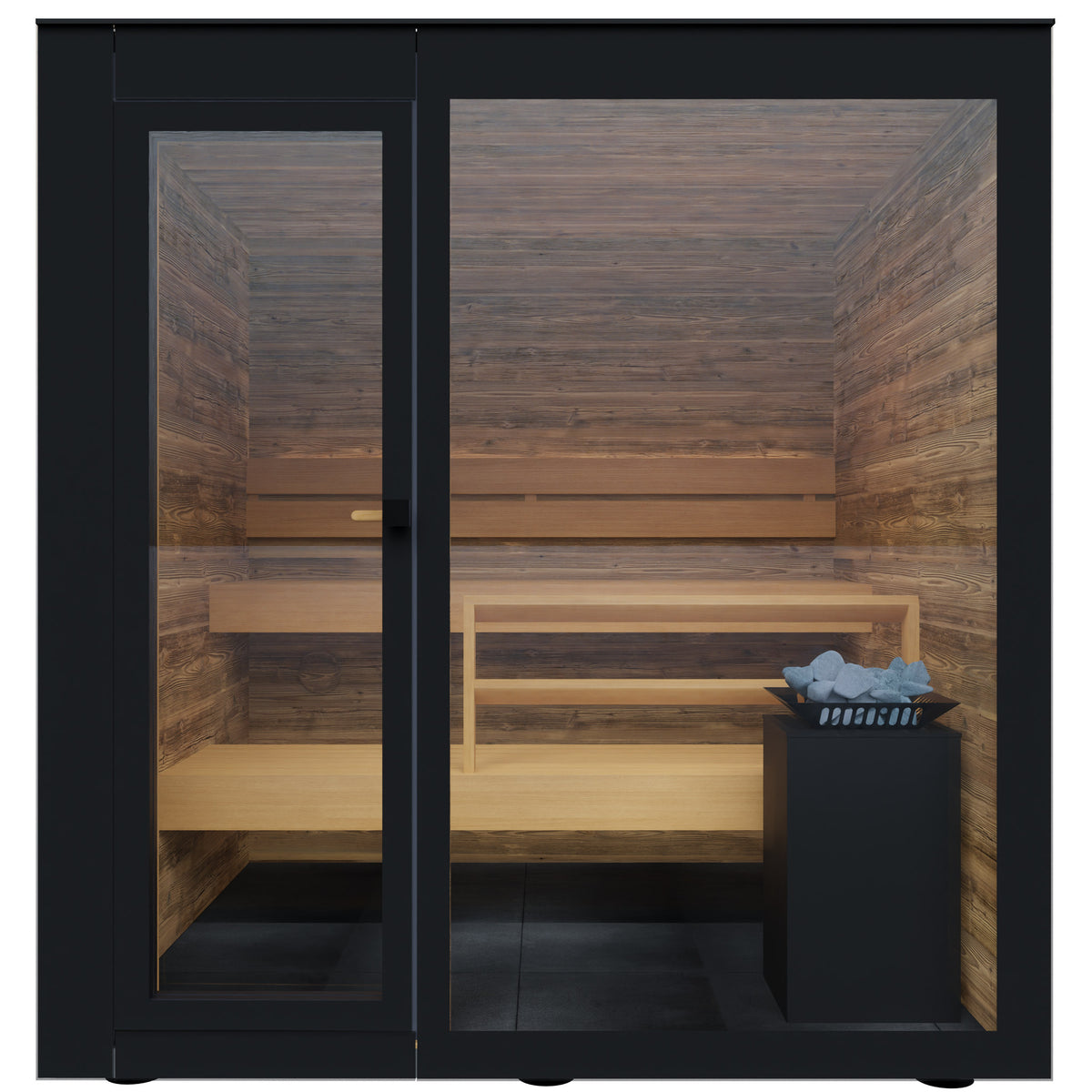 ThermaSol Spectra outdoor sauna cabin, front elevation on a white background
