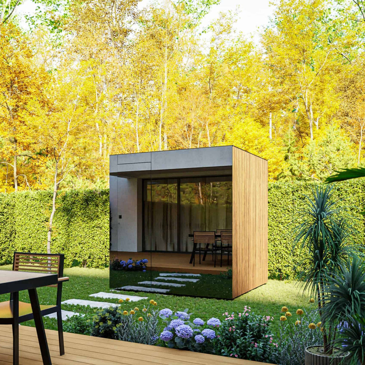 ThermaSol Spectra outdoor sauna cabin in a garden, Tyrol wood and glass facade