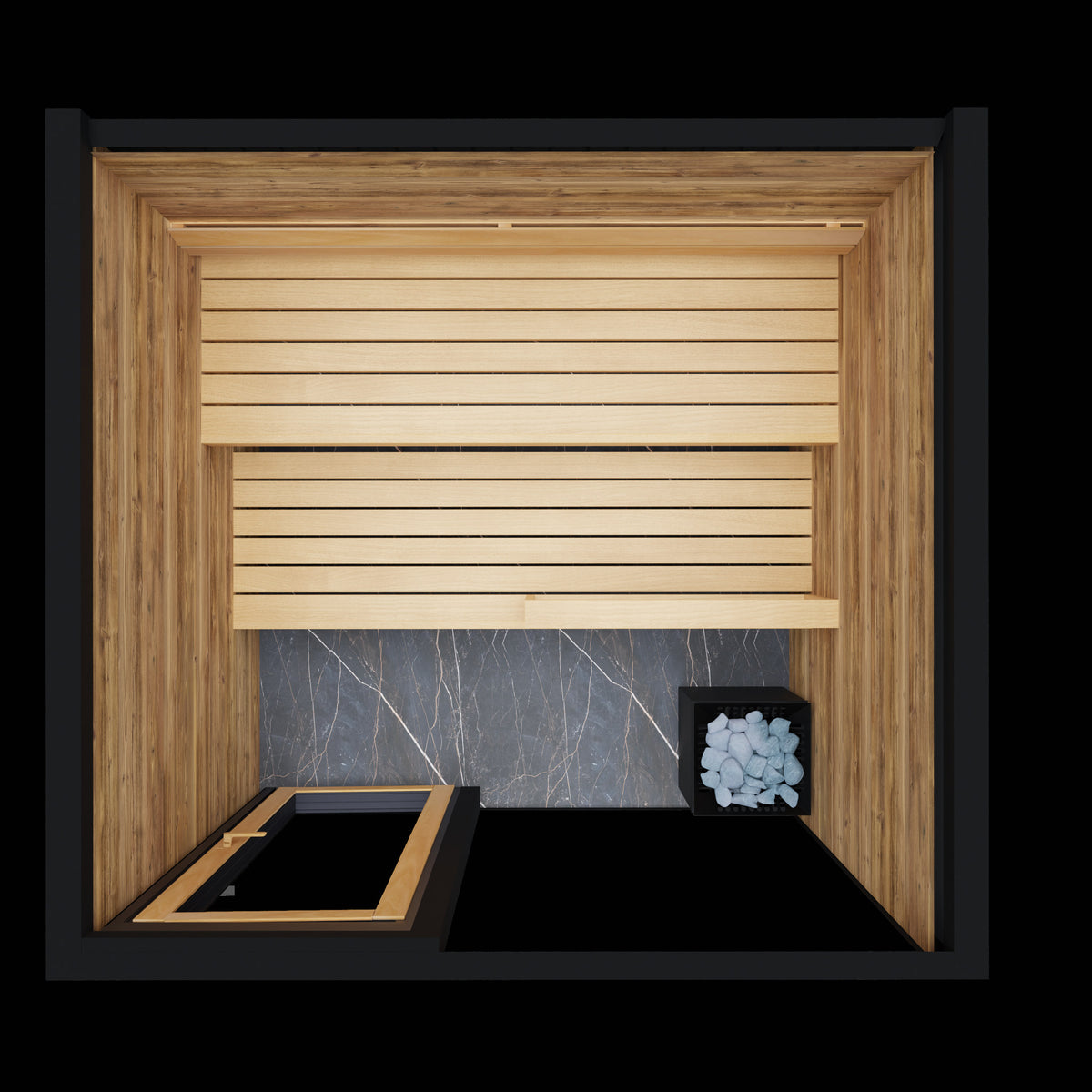ThermaSol Spectra outdoor sauna cabin seen front on through the glass