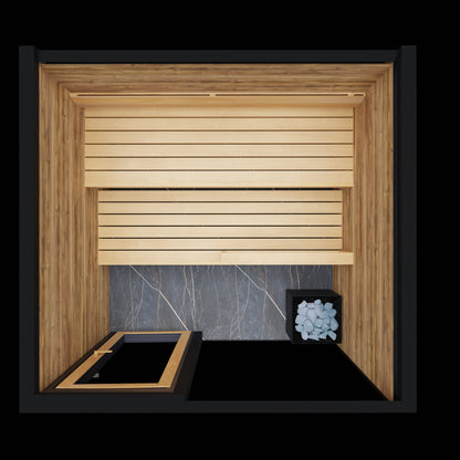 ThermaSol Spectra outdoor sauna cabin seen front on through the glass