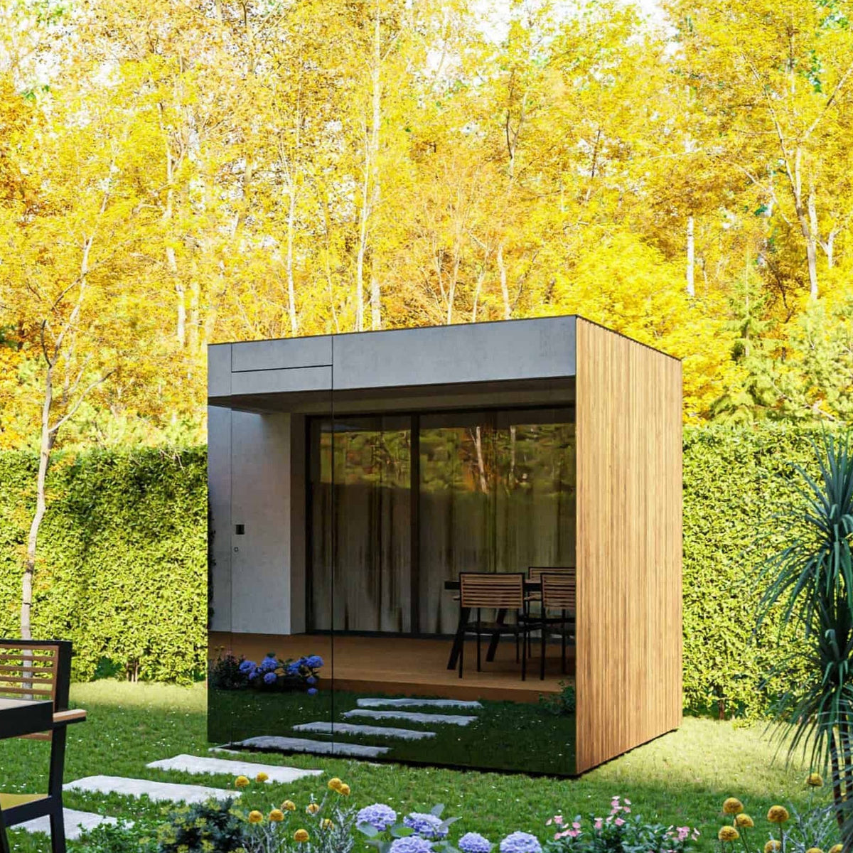ThermaSol Spectra outdoor sauna cabin in a garden, Tyrol timber and glass front