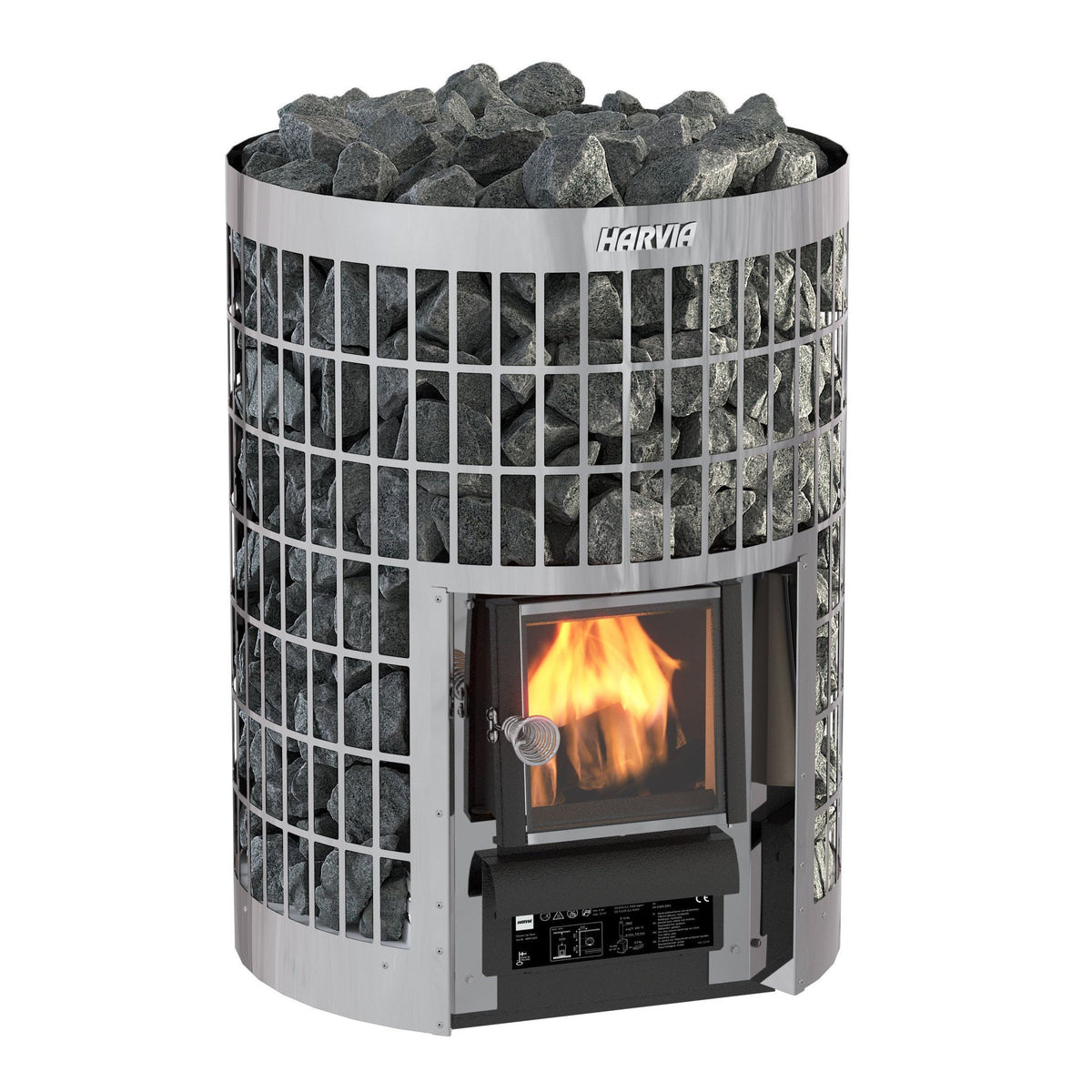 Harvia Cilindro 16 wood-burning sauna stove, an open stone column with the fire lit