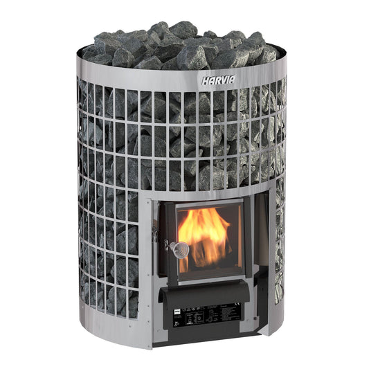 Harvia Cilindro 16 wood-burning sauna stove, an open stone column with the fire lit