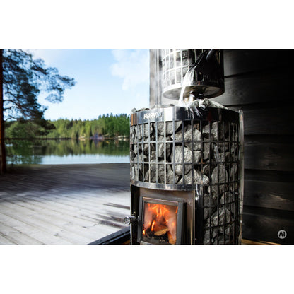Harvia Cilindro wood-burning stove in a lakeside sauna