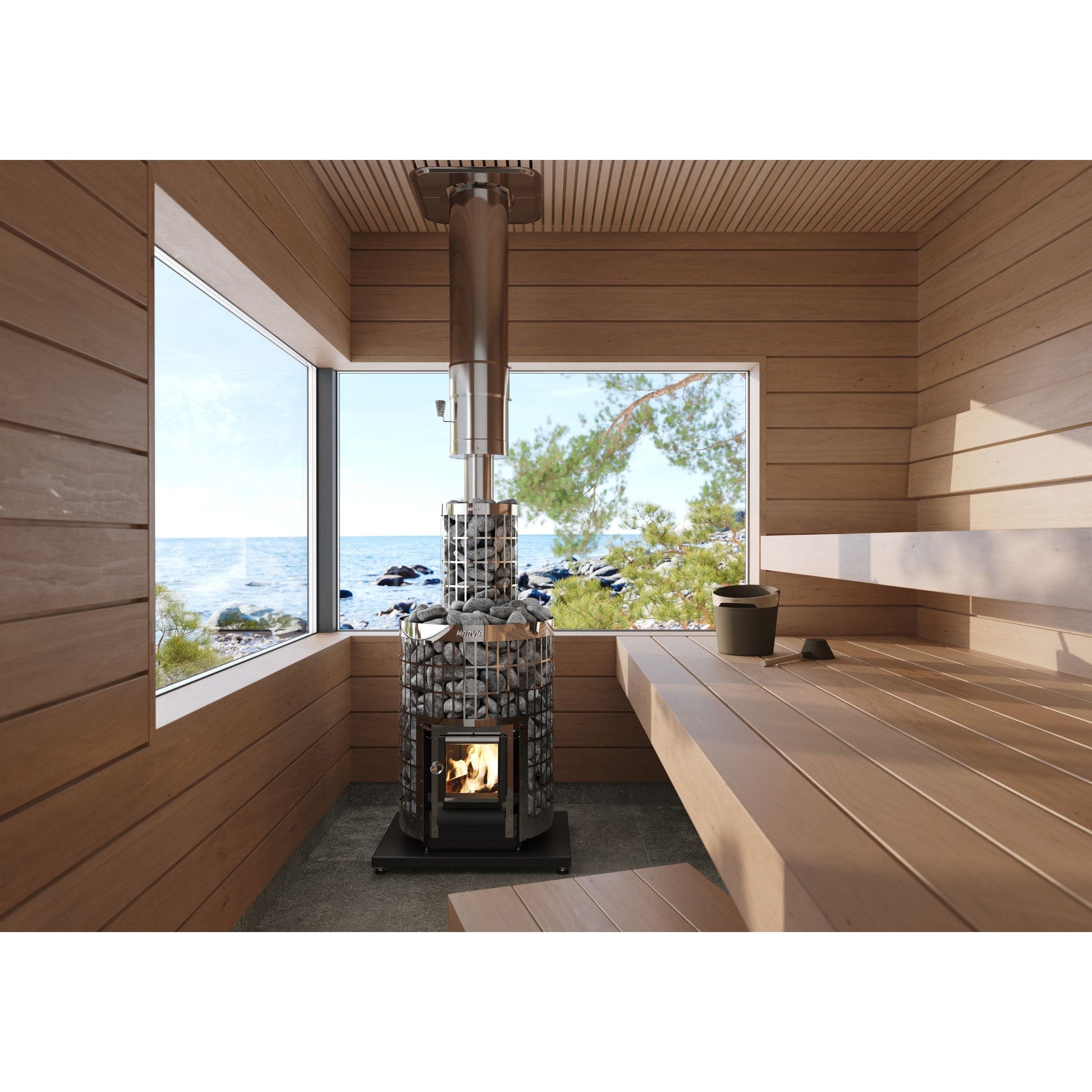 Harvia Cilindro wood stove in a bright sauna room with a picture window