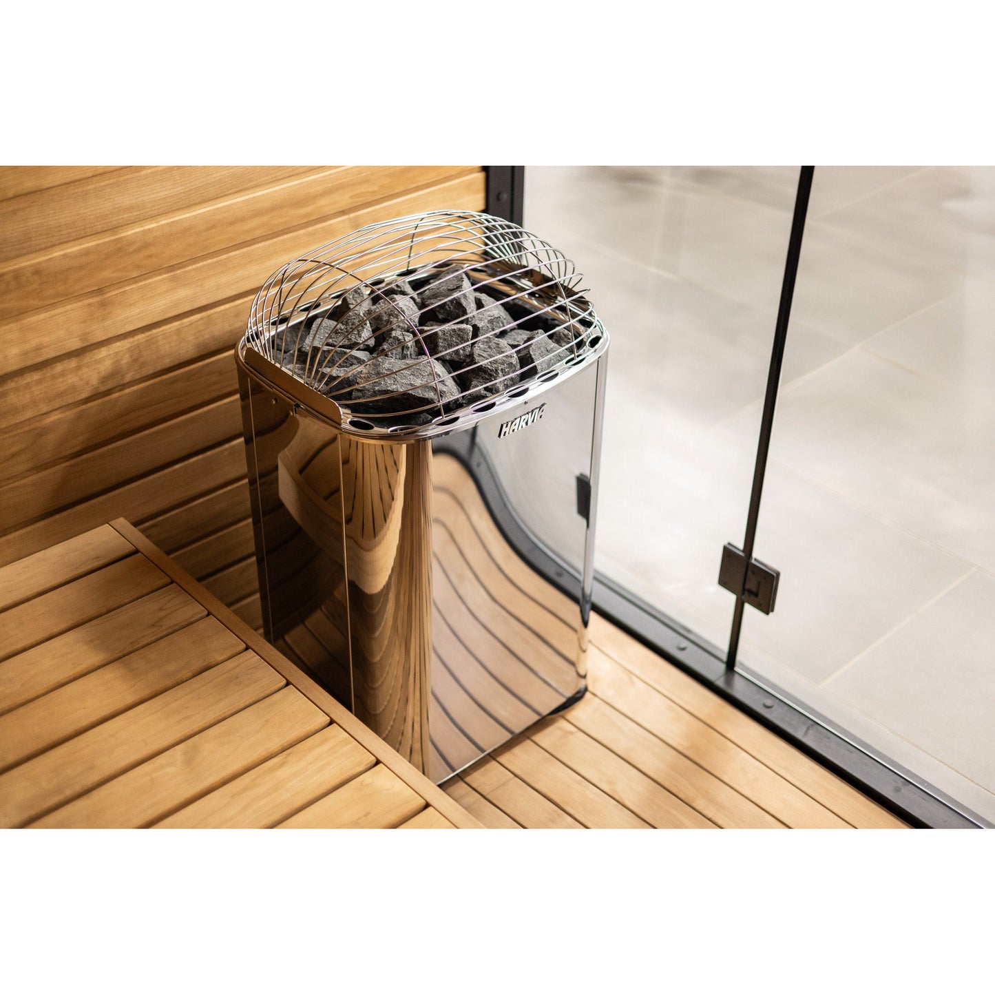 Harvia Club commercial sauna heater installed against the bench in a commercial sauna