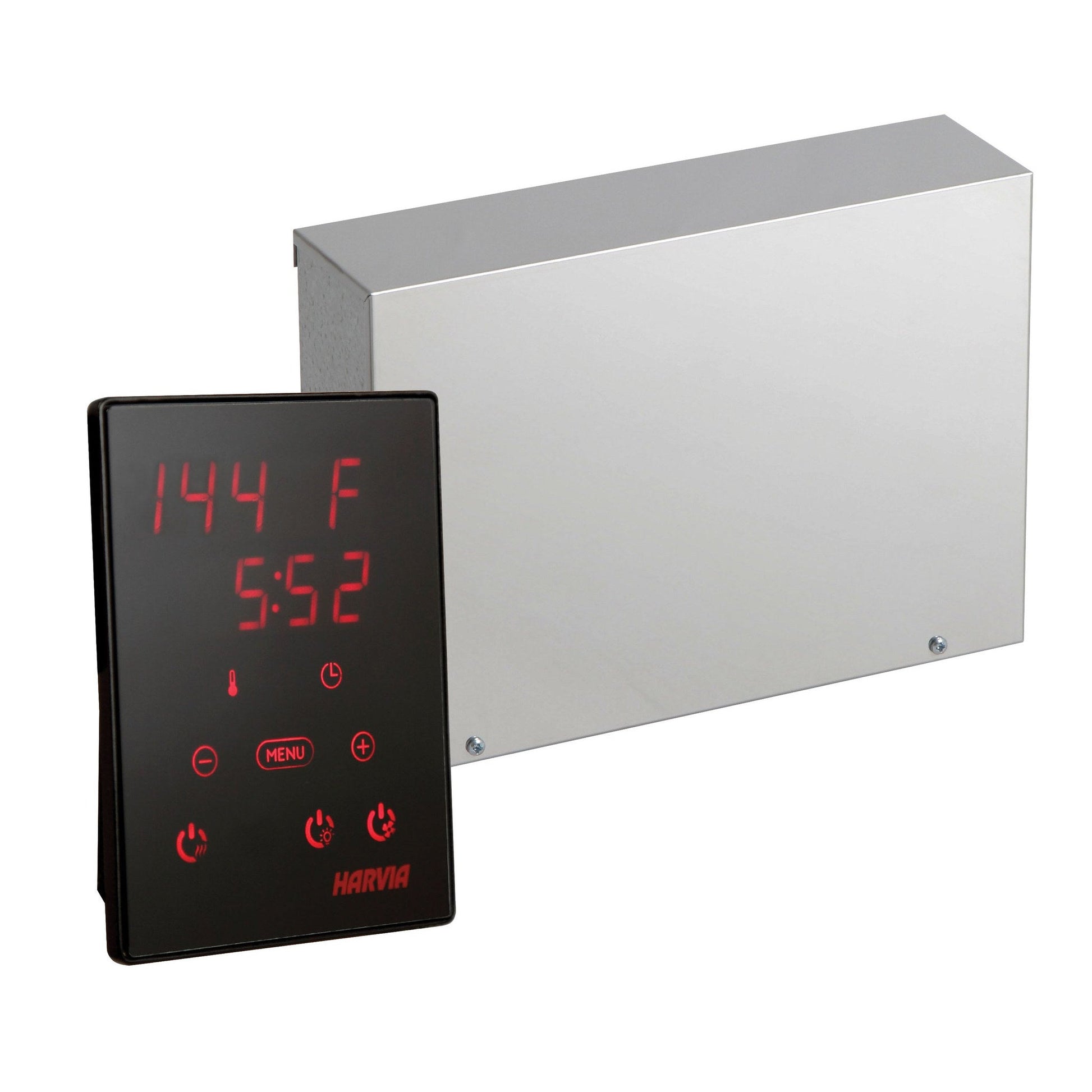 Harvia Xenio digital sauna control, black touch panel with stainless power unit