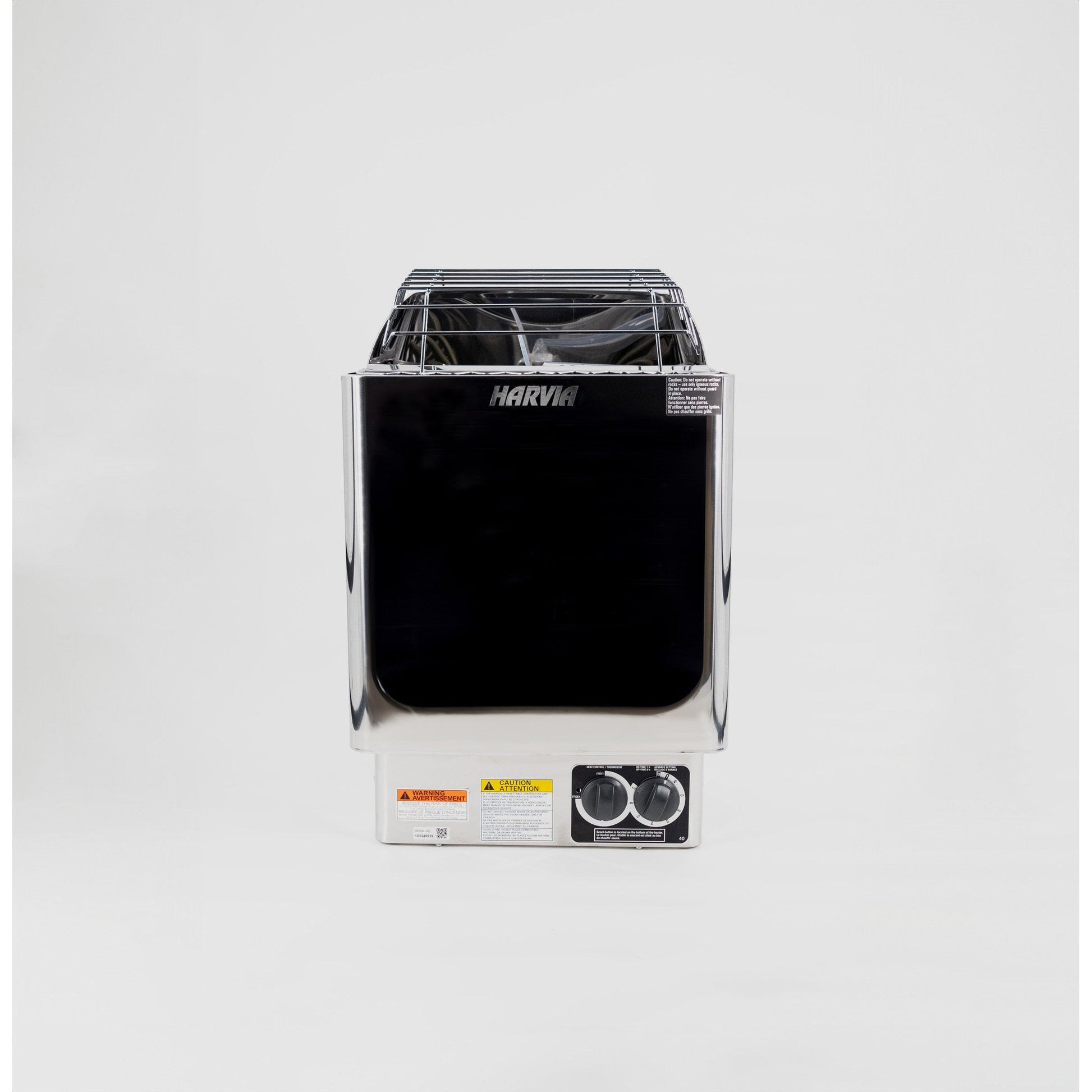 Front view of the Harvia KIP B wall-mounted sauna heater with its built-in control dials