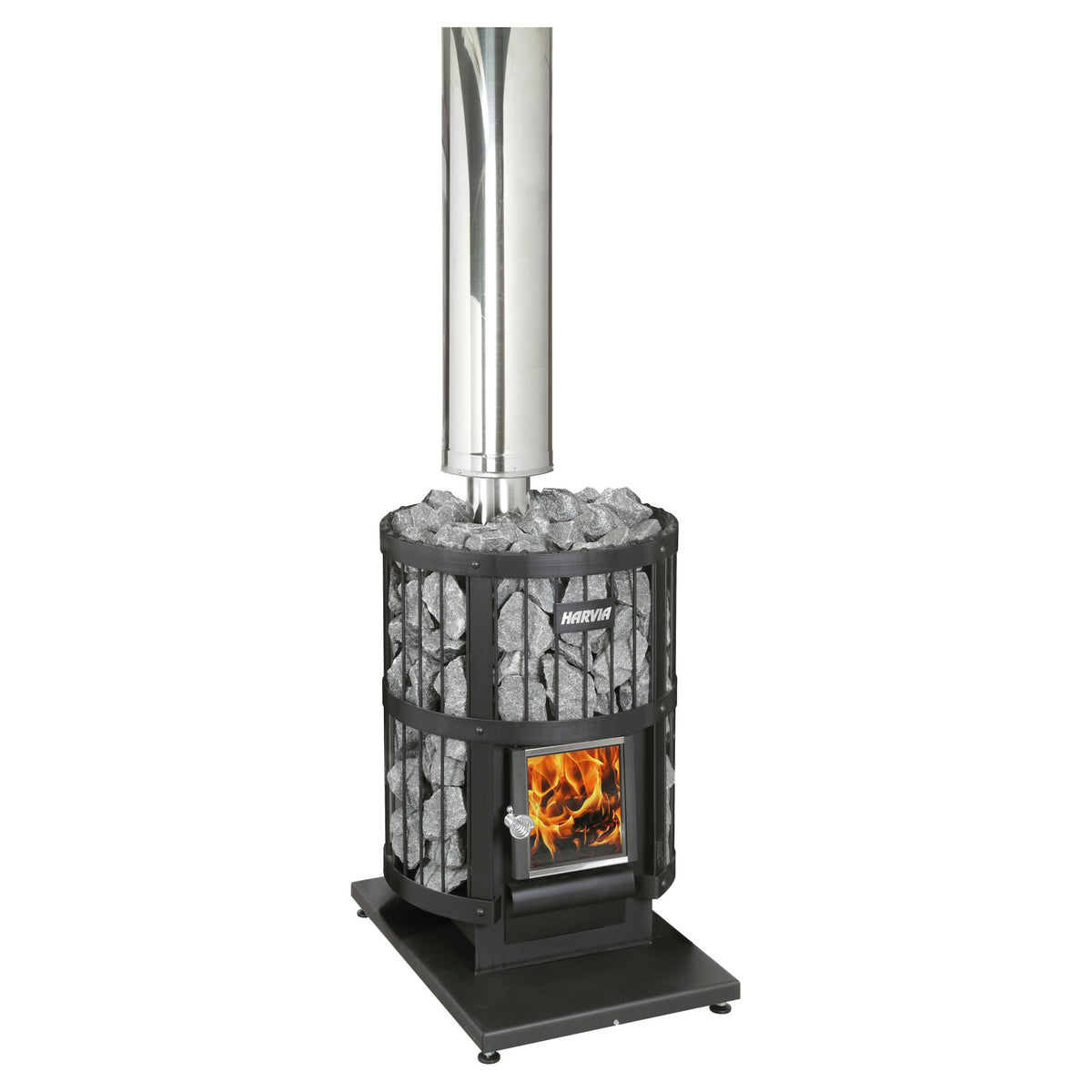 Harvia Legend 150 wood-burning sauna stove standing on the WL100 floor plate with a stainless WHP1500 chimney, studio photo