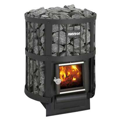 Harvia Legend 150 wood-burning sauna stove with its stone drum and glass firebox door