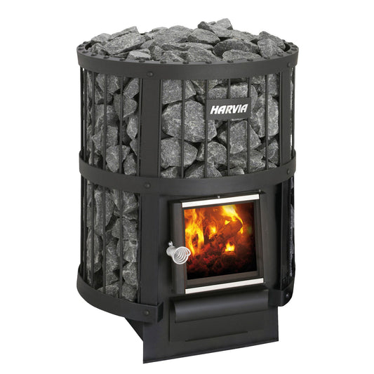 Harvia Legend 150 wood-burning sauna stove with its stone drum and glass firebox door