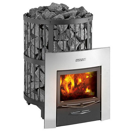 Harvia Legend 240 Duo wood stove with the extended firebox and glass door for feeding from the next room