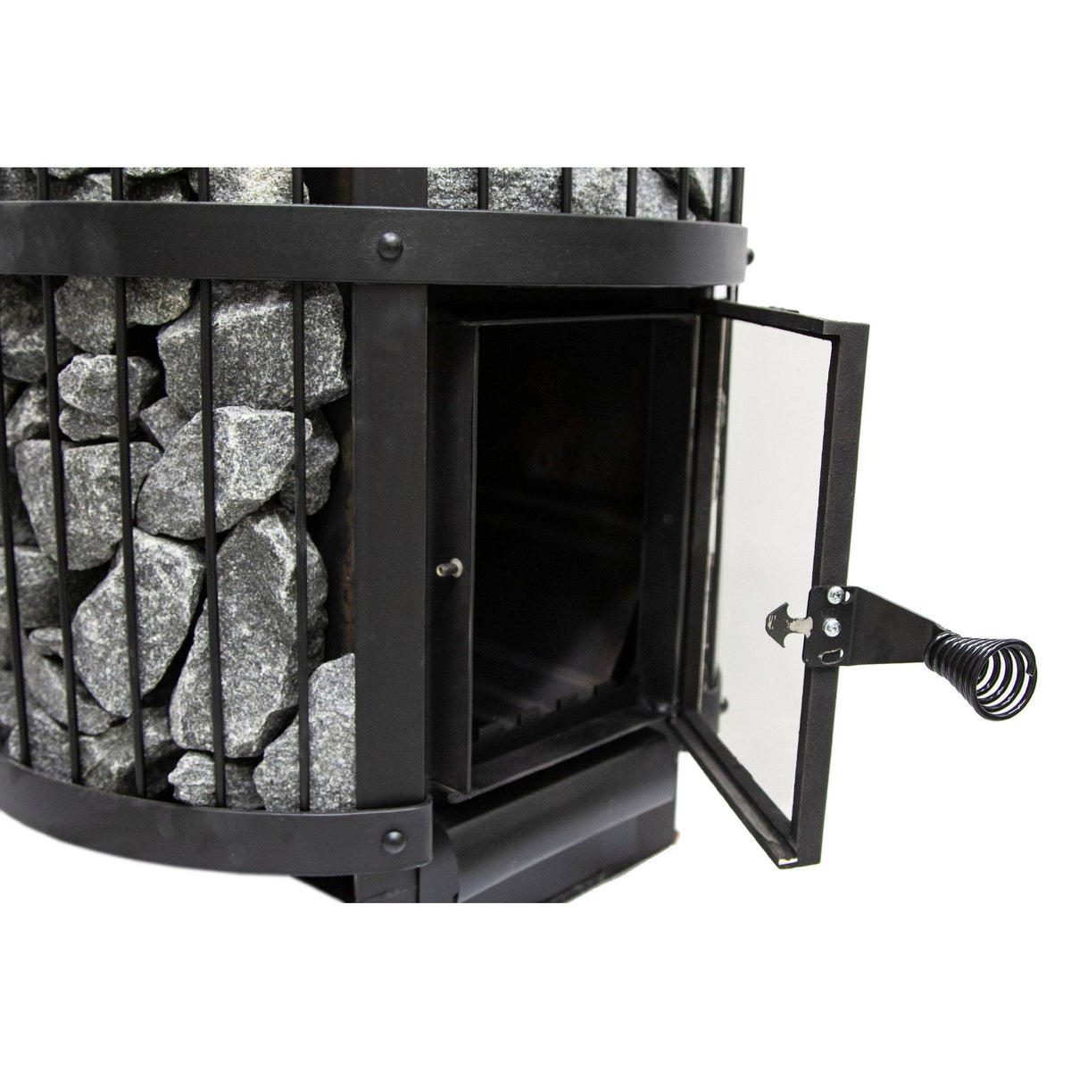 Harvia Legend wood stove with the firebox door open, showing the cast-iron door and grate