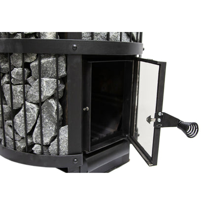 Harvia Legend wood stove with the firebox door open, showing the cast-iron door and grate