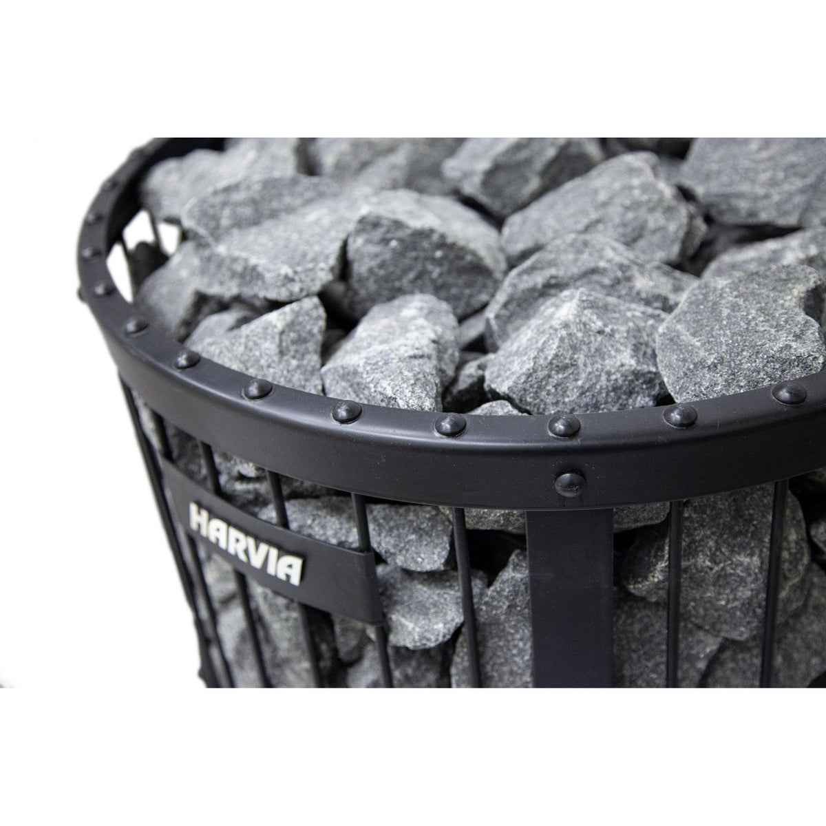 Harvia Legend wood stove from above, looking down into the stone basket