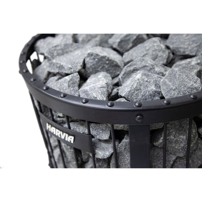 Harvia Legend wood stove from above, looking down into the stone basket