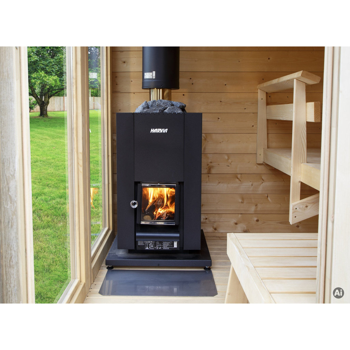 Harvia Linear wood stove in a cabin sauna with bench seating