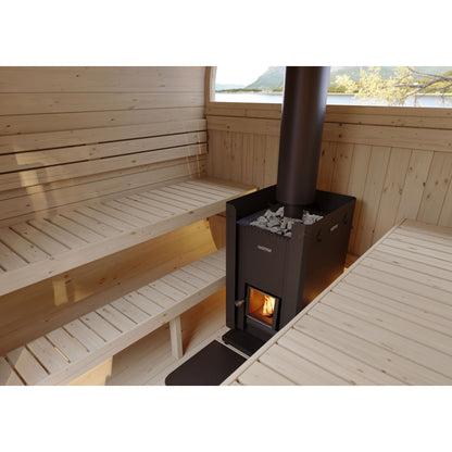 Harvia Linear wood-burning stove installed in a finished timber sauna