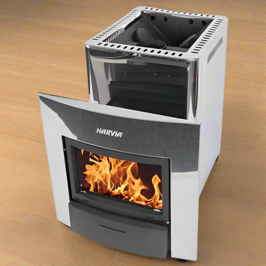 Harvia Pro 20 Duo wood stove with the extended firebox and glass door open, showing the stone tray