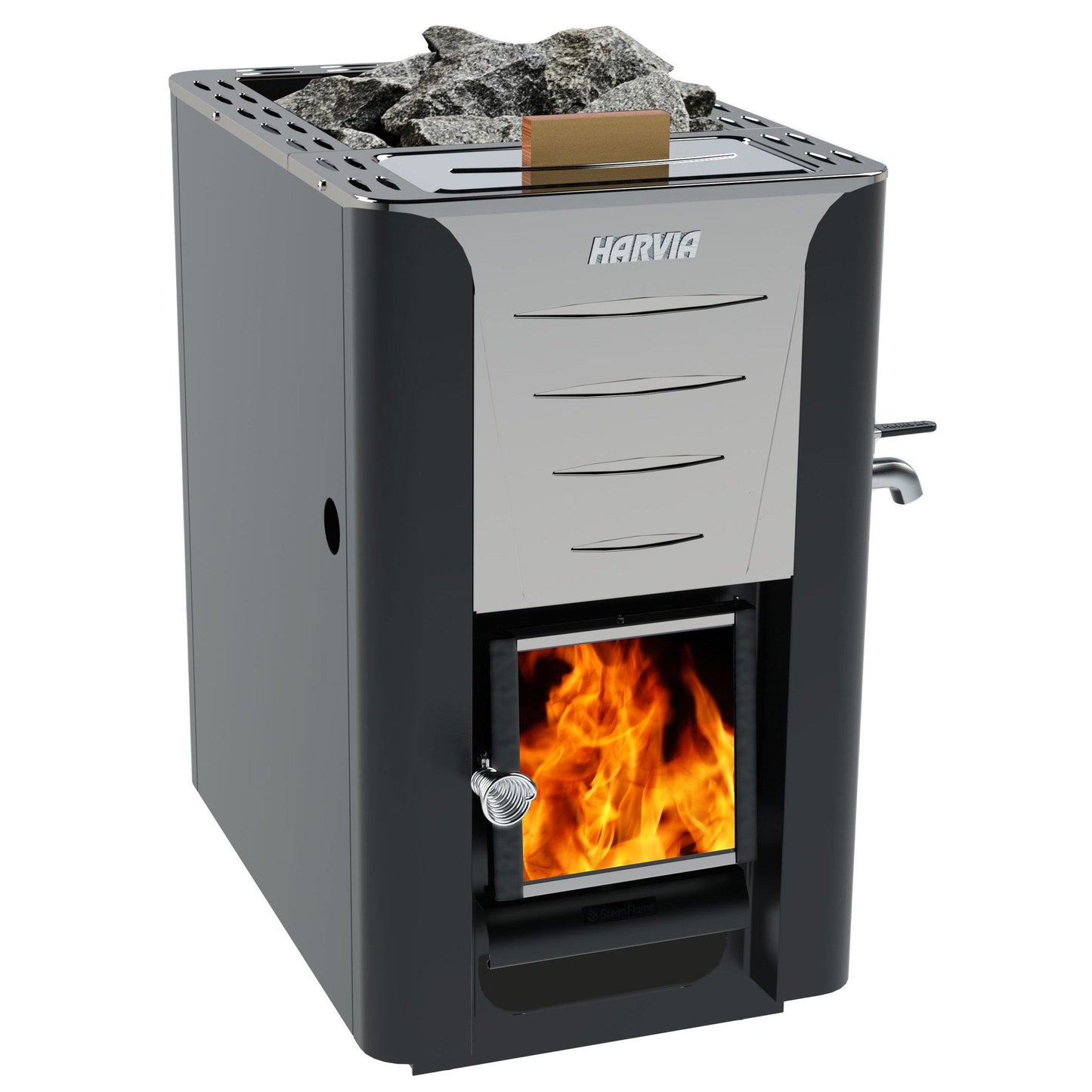 Harvia Pro 20 ES wood-burning sauna stove with the 20 litre water tank on the front