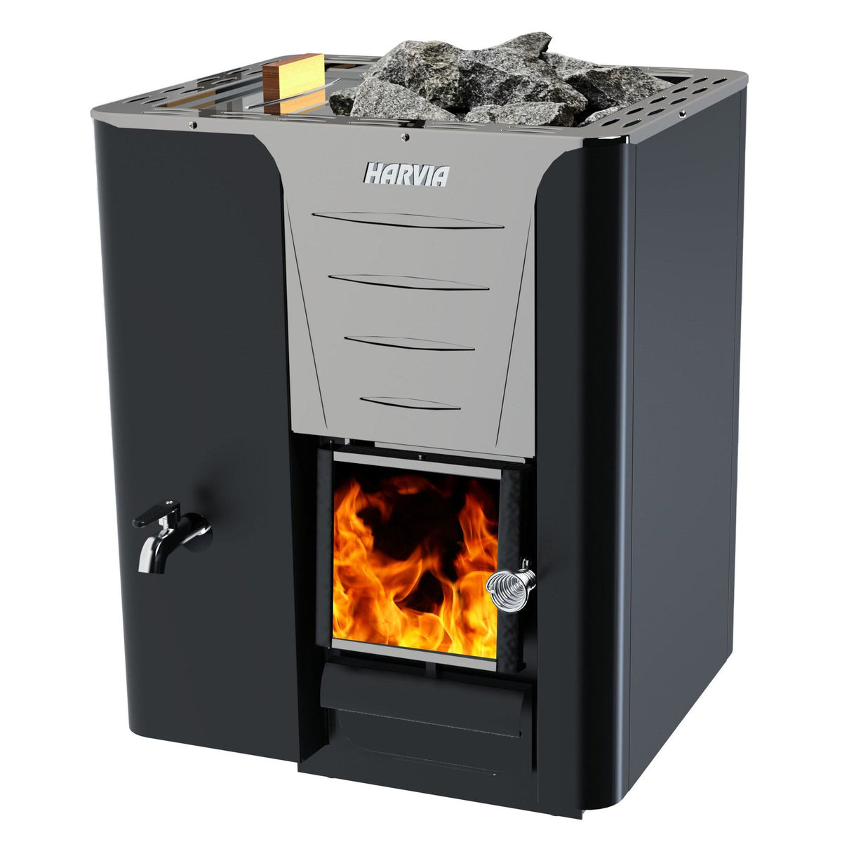 Harvia Pro 20 LS wood-burning sauna stove with the 30 litre tank on the left side