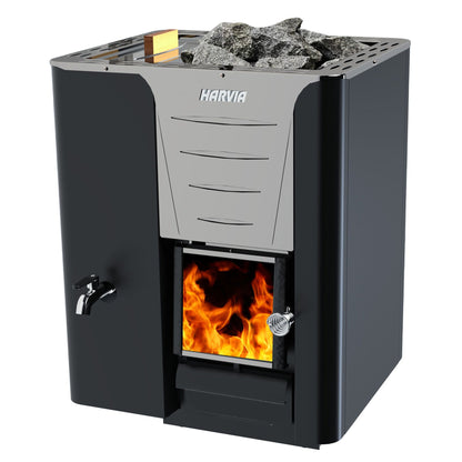 Harvia Pro 20 LS wood-burning sauna stove with the 30 litre tank on the left side