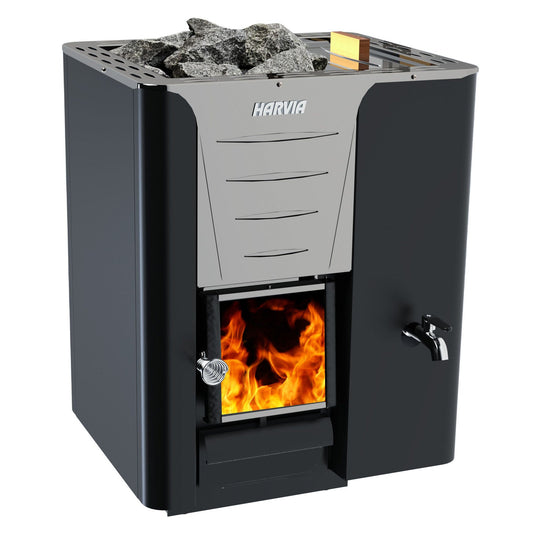 Harvia Pro 20 RS wood-burning sauna stove with the 30 litre tank on the right side