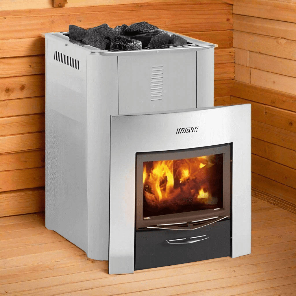Harvia Pro 36 Duo wood stove with the extended firebox door and fire lit