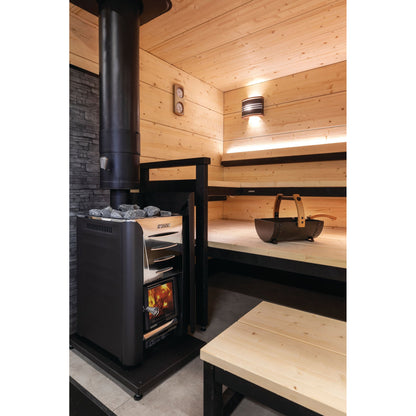 Harvia Pro wood-burning stove in a timber sauna room