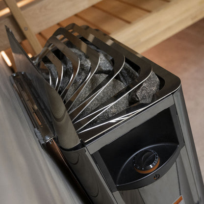 Harvia The Wall BlackSteel sauna heater seen from above, showing the stone cage