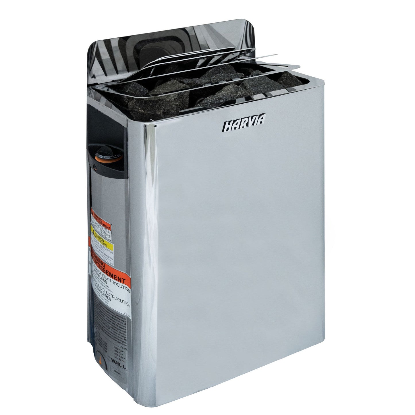 Harvia The Wall electric sauna heater in stainless steel, front view with stones loaded