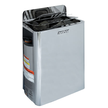 Harvia The Wall electric sauna heater in stainless steel, front view with stones loaded
