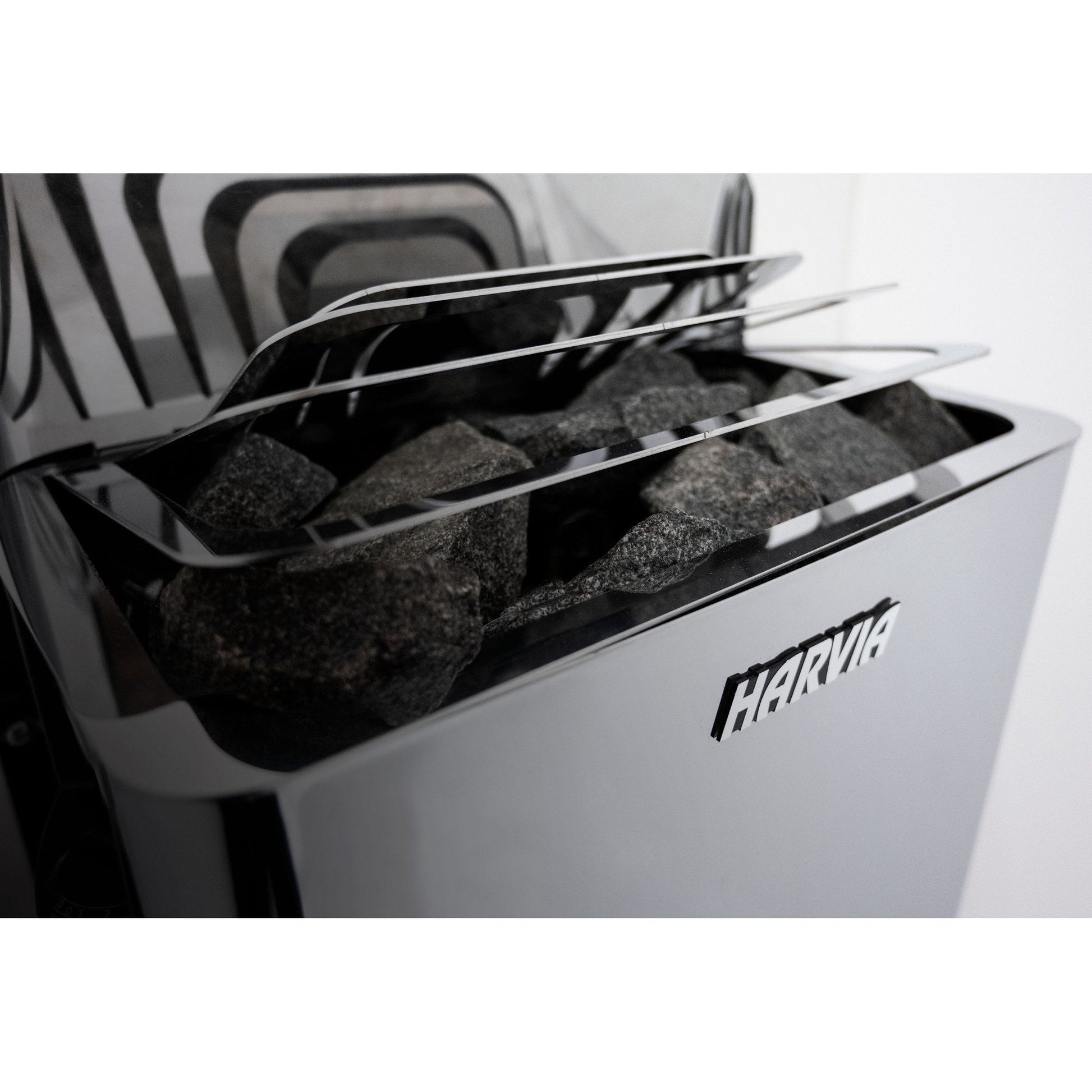 Angled view of the Harvia The Wall stainless steel sauna heater