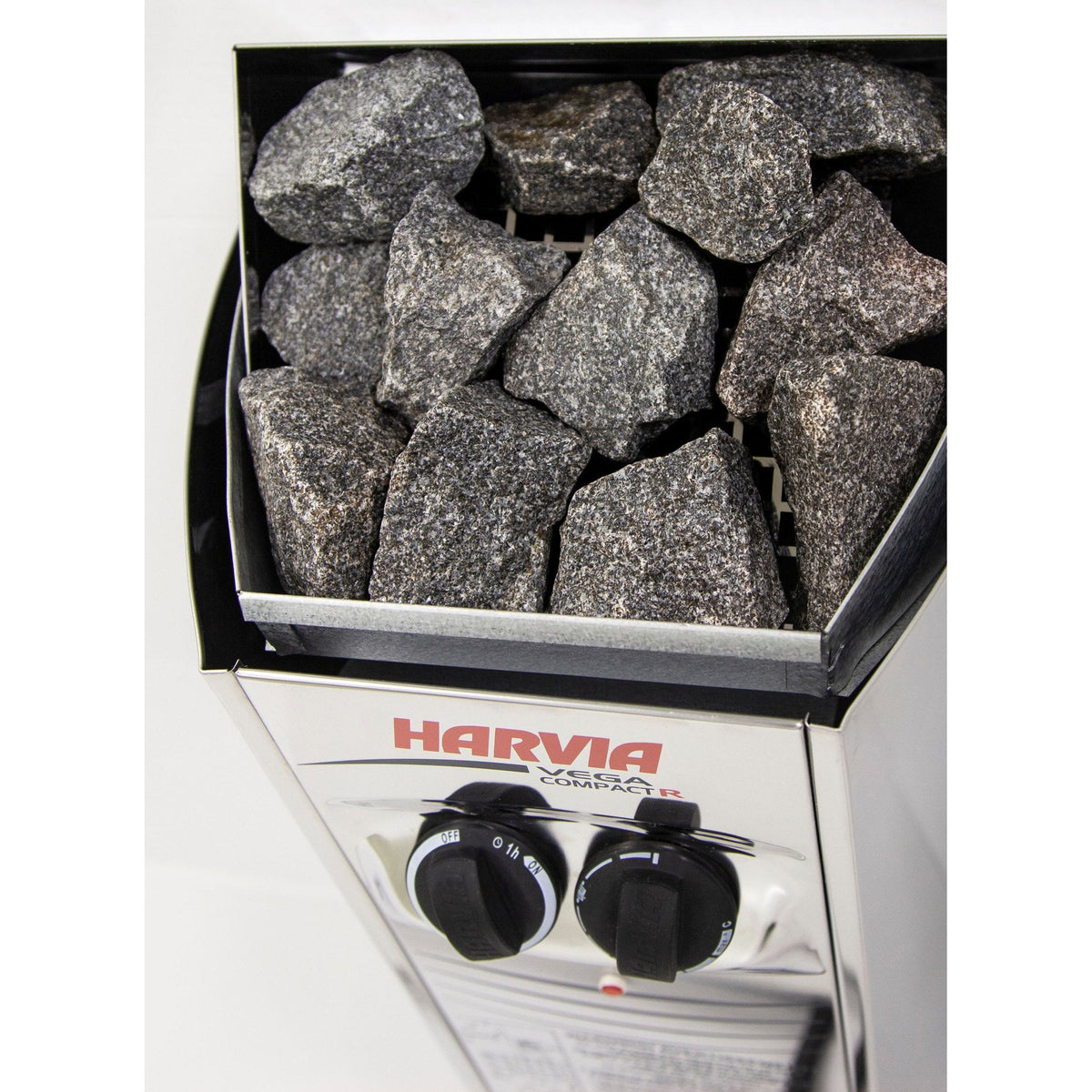 Angled view of the Harvia Vega Compact wall-mounted sauna heater