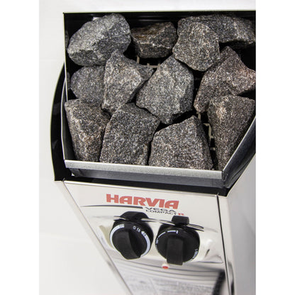 Angled view of the Harvia Vega Compact wall-mounted sauna heater