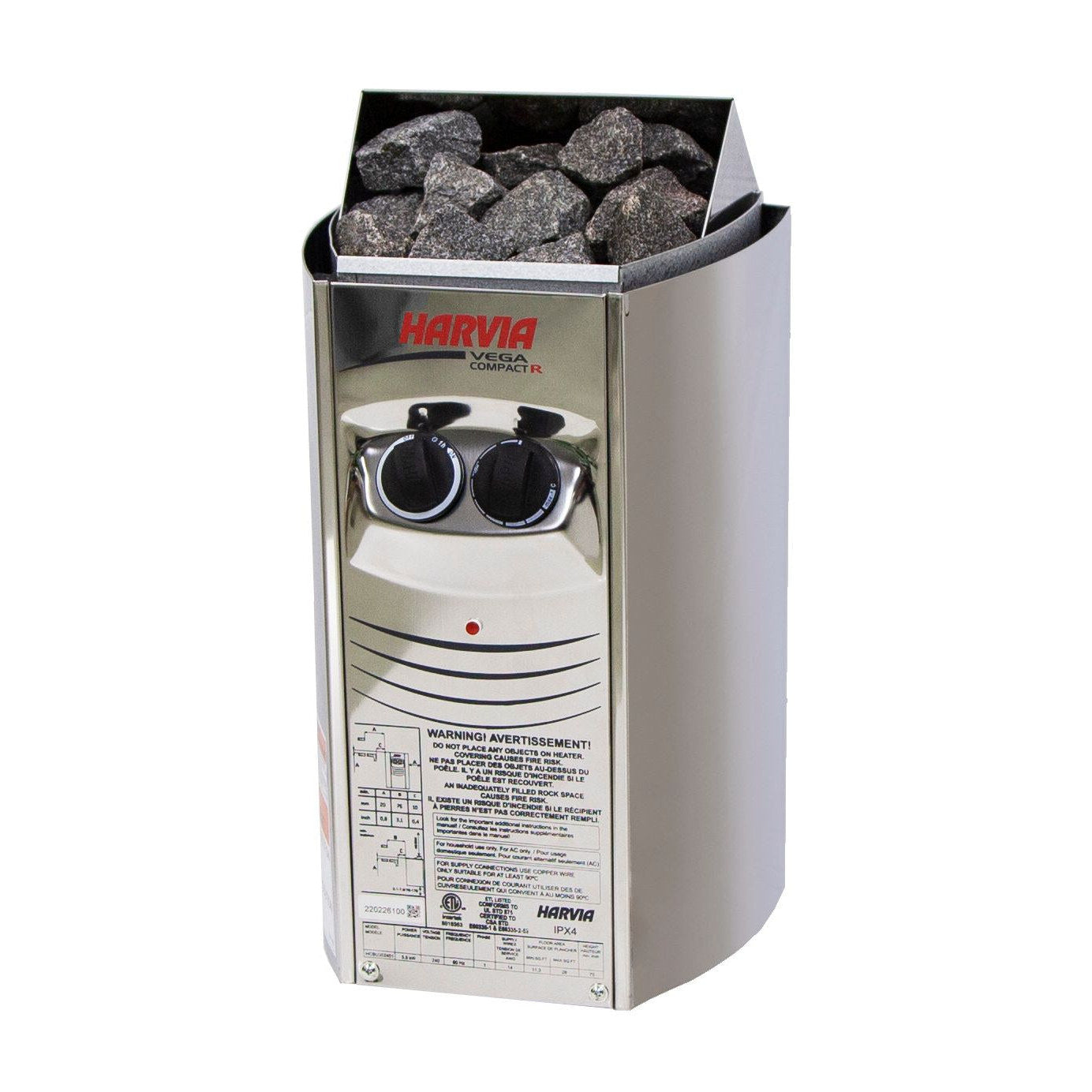 Harvia Vega Compact wall-mounted sauna heater with built-in control dials and stones loaded