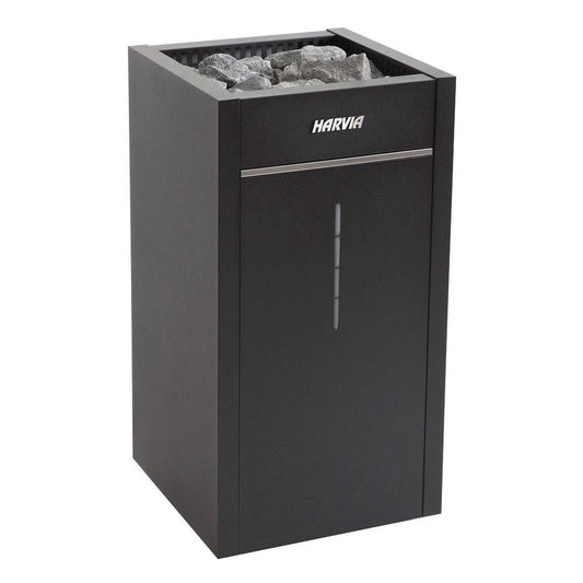 Harvia Virta Combi HL80SA electric sauna heater in graphite black, with the stone space loaded