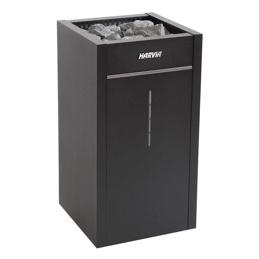 Harvia Virta Combi HL90SA electric sauna heater in graphite black, with the stone space loaded