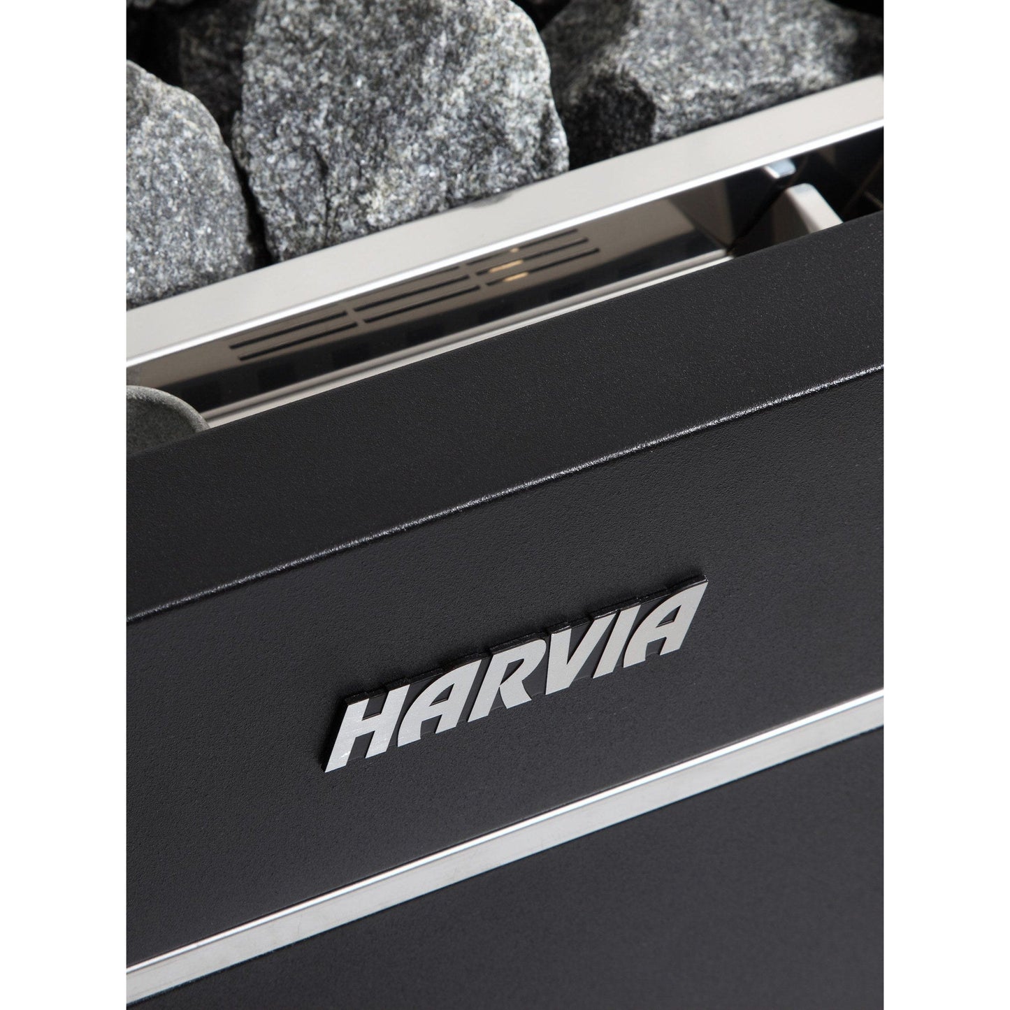 Close view of the Harvia brand plate and stone rim on the Virta heater cabinet