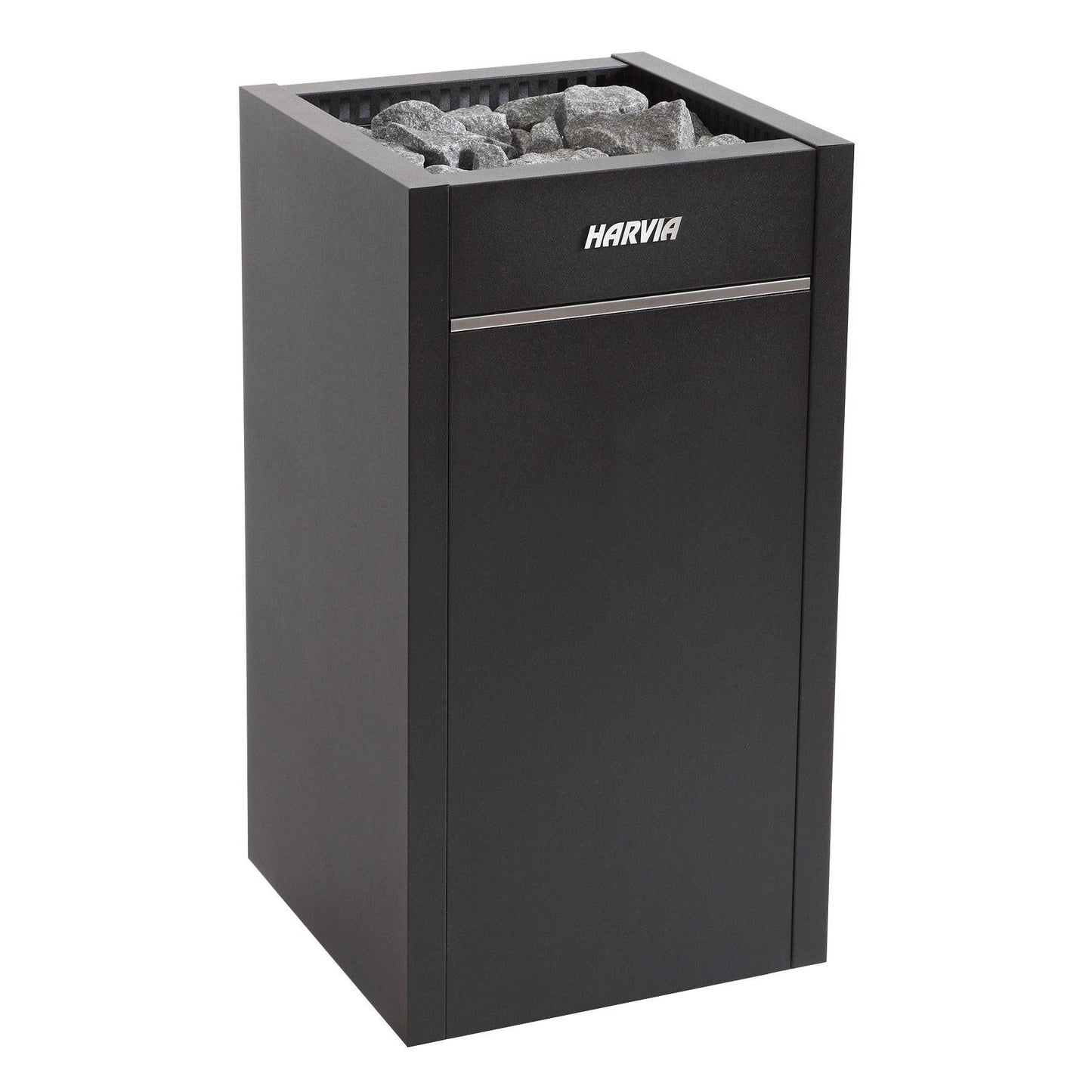 Harvia Virta HL110E electric sauna heater in graphite black, with the stone space loaded