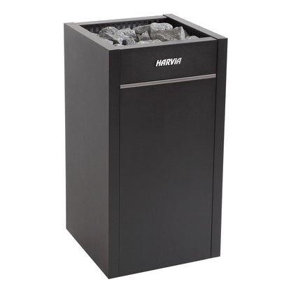 Harvia Virta HL110E electric sauna heater in graphite black, with the stone space loaded