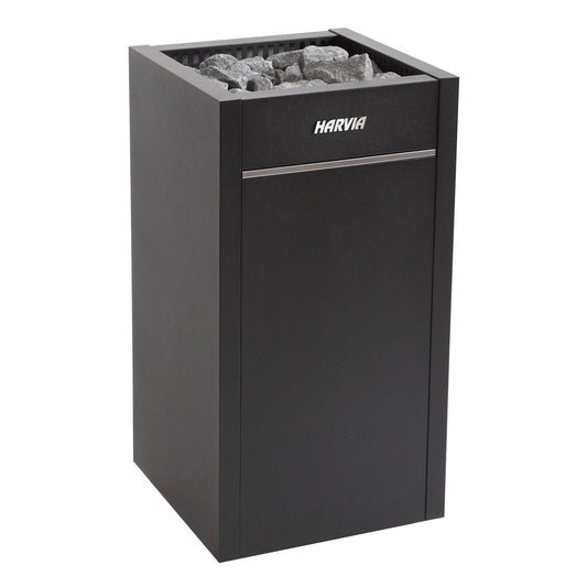 Harvia Virta HL110E electric sauna heater in graphite black, with the stone space loaded