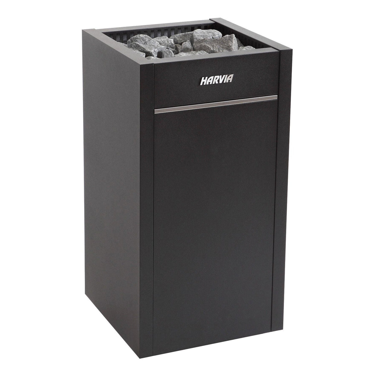 Harvia Virta HL110E electric sauna heater in graphite black, with the stone space loaded