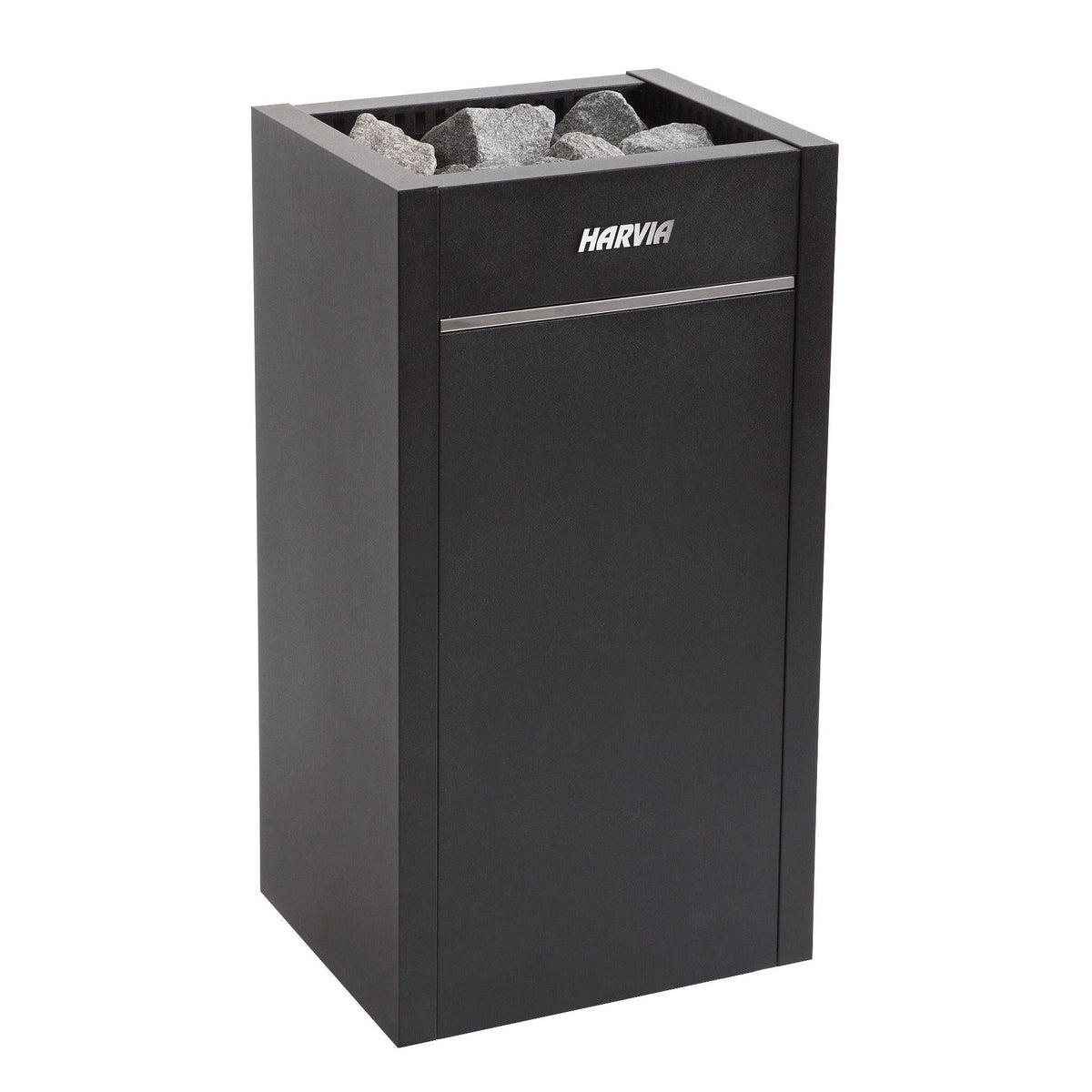 Harvia Virta HL60E electric sauna heater in graphite black, with the stone space loaded
